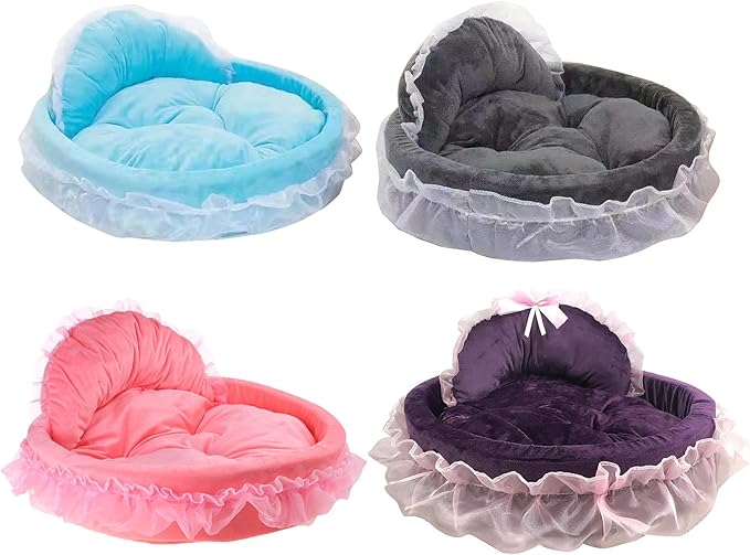 Princess Pet Bed with Bows Ruffled, Lace Design Soft and Beautiful Dog Sofa Detachable Cushion Princess Nest, Indoor Cave, Bottom, Removable Plush Cover
