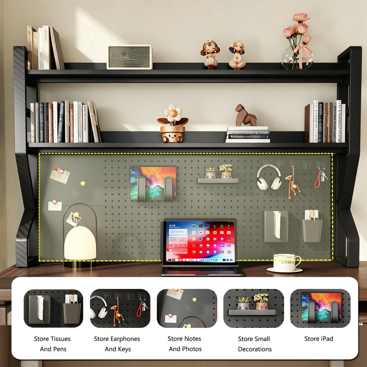 Desk Shelf, 53.1" L 2-Tier Desktop Organizer Desk Hutch Storage Rack with Hole Plate Multi-Functional Workstation Organizer Bookcase Computer Desk for Home Office Dorm Top of Desk