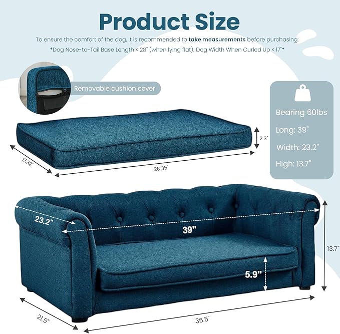 Elevated Dog Sofa with Backrest and Armrests, Button Tufted Pet Bed with Soft Cushion for Medium Dogs, Stylish Lounging Bed Pet Couch Chair for 60Lbs Dog, Blue