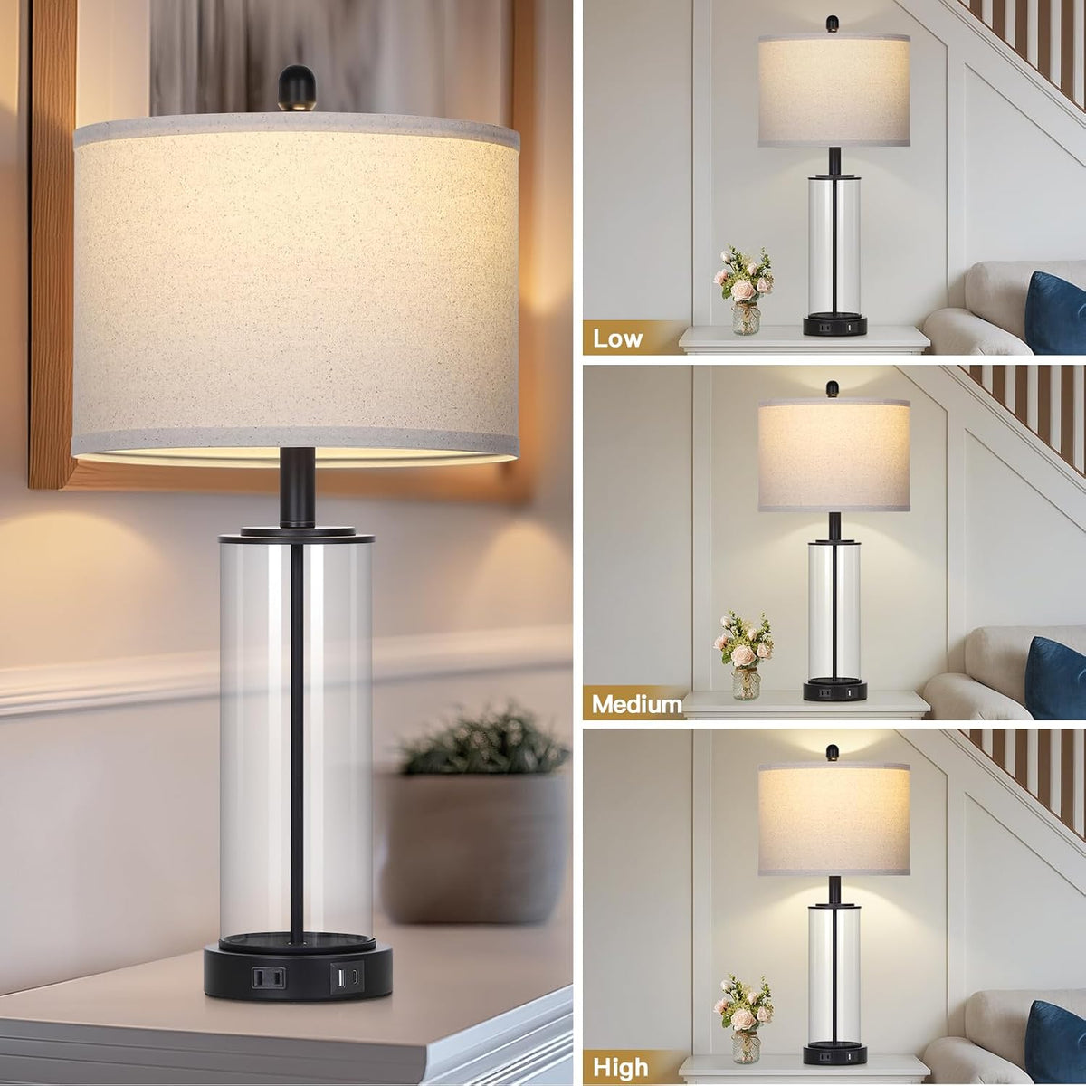26" Black Glass Table Lamps Set of 2, 3-Way Dimmable Touch Control Living Room Lamp with USB C+A Ports & AC Outlet, Modern Bedside Lamps, Elegant Bedroom Lamps for Nightstand Side End Table Desk