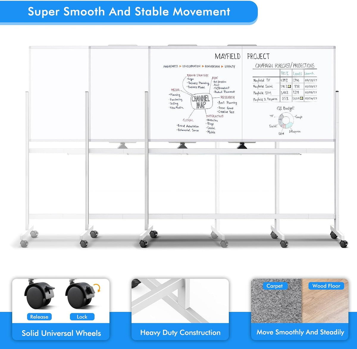 Maxtek Rolling Whiteboard 72 x 40 in, Large Double-Sided Magnetic Standing