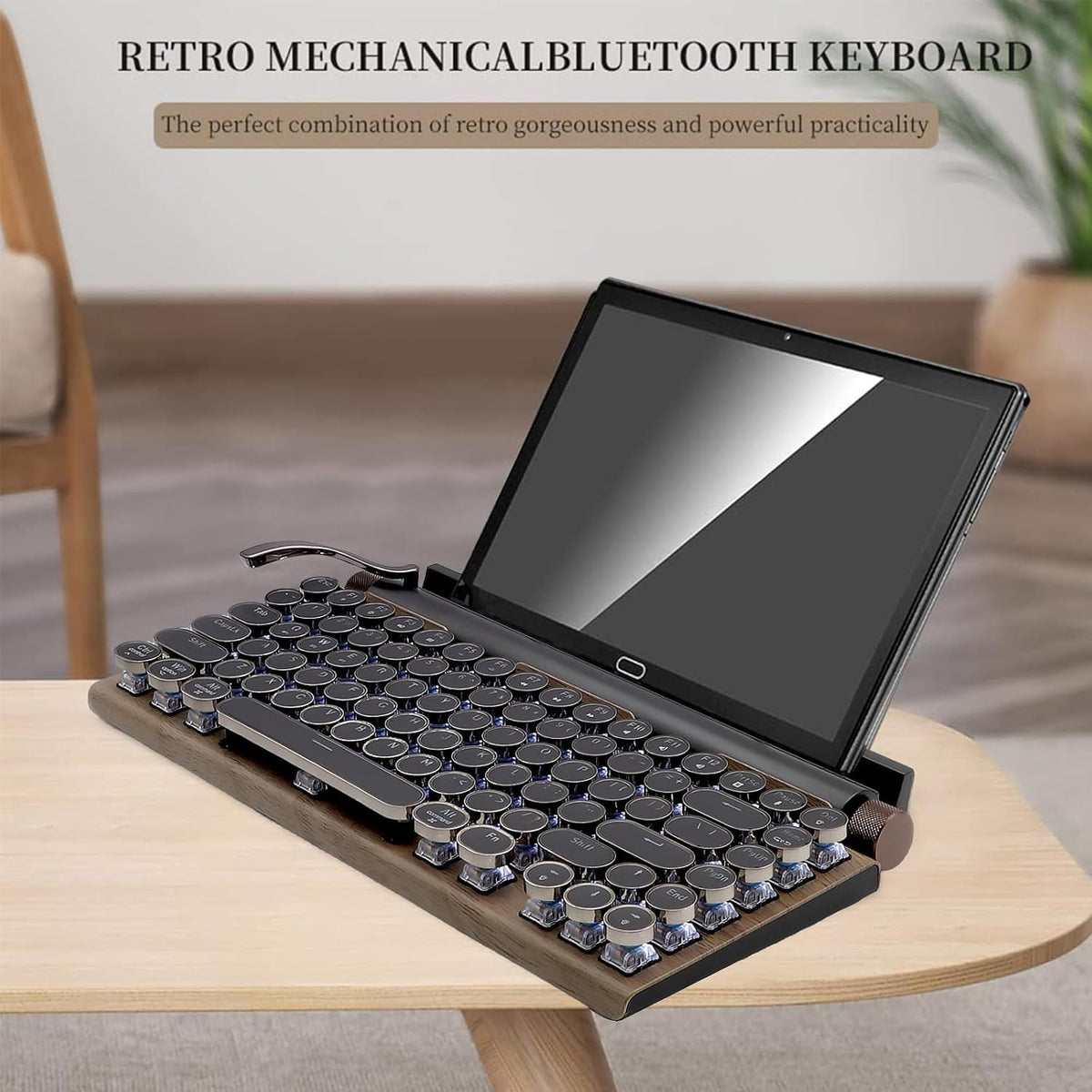 83-Key Mechanical Keyboard - Retro Typewriter Wireless Bluetooth Gaming Keyboard, Anti-Ghosting Blue Switch (Wood)