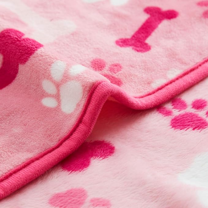 Allisandro Luxurious Dog Blanket, 350 GSM Super Fuzzy Microplush Fleece Pet Blankets for Small Medium Large Dogs and Cats, Pink Paw and Bone, 80" x 64”