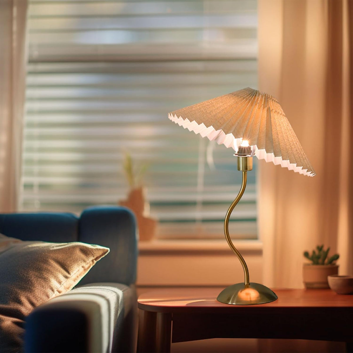 KUNJOULAM Small Pleated Table Lamp, Bedside Nightstand Lamp with Beige Lampshade, Morden Mini Lamp for Bedroom Home Office Decor, Bulb not Included