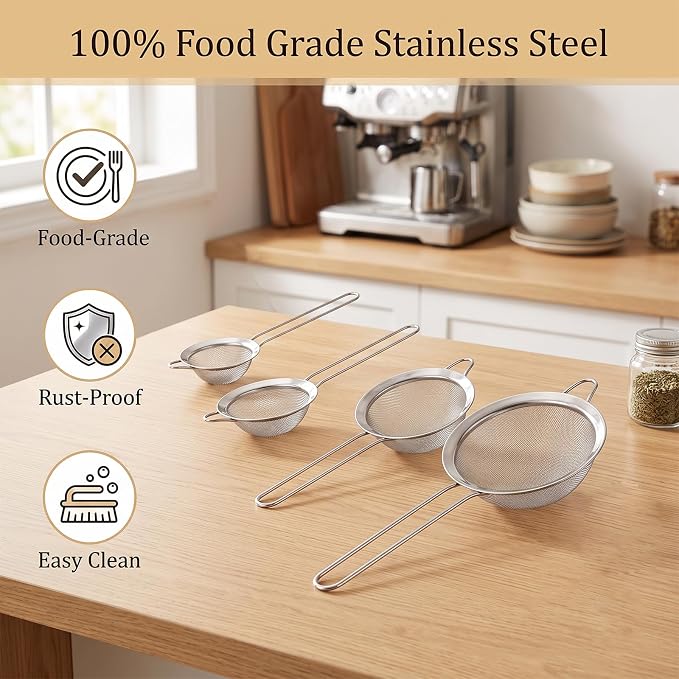 4PCS Fine Mesh Strainer Set, Stainless Steel Kitchen Sieve