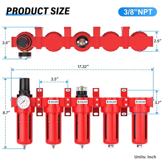 TAILONZ PNEUMATIC 0-150PSI 3/8 Inch NPT Red Industrial Grade 5 Stage Air Drying
