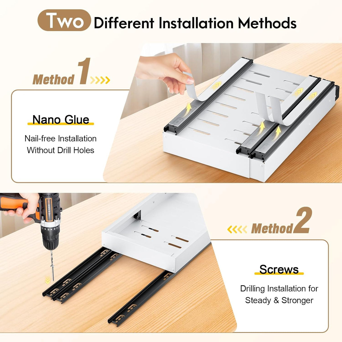 Pull Out Cabinet Organizer, Expandable Width (11.4"-18.9") Depth (16.3"-21.7") Pull out Drawers for Cabinets with 3 Rails, No Drill Adhesive Film or Nail Fixed Slide out Drawers for Kitchen, Pantry