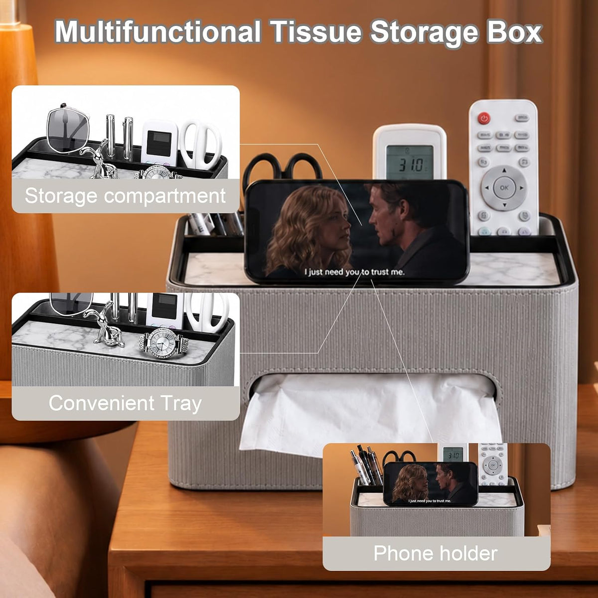 PU Leather Rectangle Tissue Box Cover with Storage Organizer, Gray
