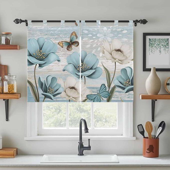 Spring Floral Kitchen Curtains 45 Inch Length, Short Cafe Window Curtains Tab