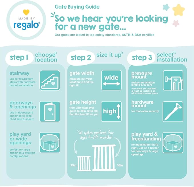 Regalo Safety 36" Extra Tall and 49" Wide Baby Gate for Doorways & Bottom of Stairs, Pressure Mounted Walk Through Baby Gate for Toddlers & Pets, Tested & Safe, American Designed, American Owned