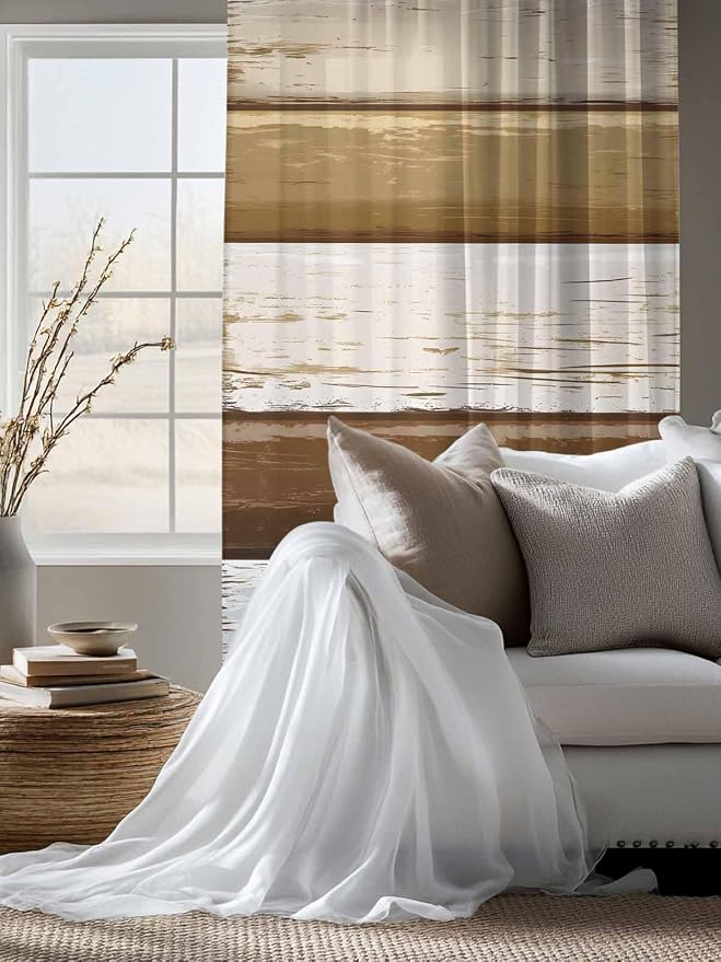 Sheer Curtains 72 Inches Long, Wood Grain Brown Semi Sheer Curtains Light