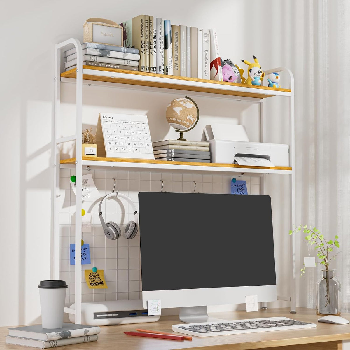 2-Tier Desk Shelf with Grid Panel, Freestanding, White, 37.4" W