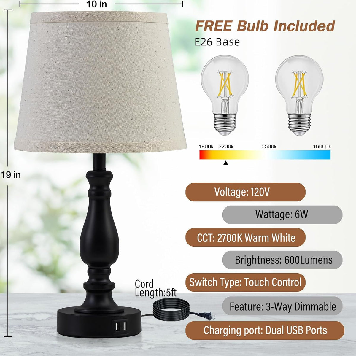 Lamps for Bedroom Set of 2, Touch Bedside Table Lamp with USB C+A Ports