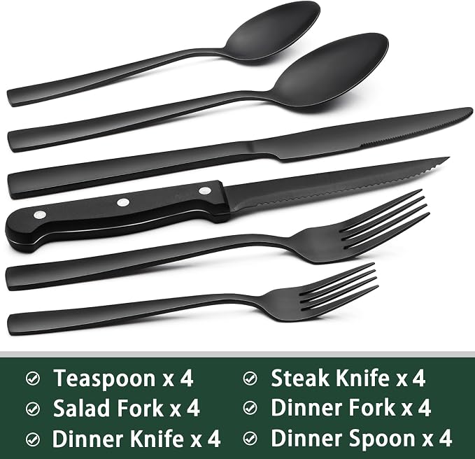 EWFEN 24-Piece Black Silverware Set