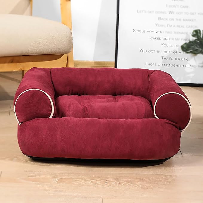 Suede Sofa Dog Bed, Multiple Sizes Orthopedic Memory Foam Mattress, Durable and Calming, Washable Dog Bed with Anti-Slip Bottom L Claret
