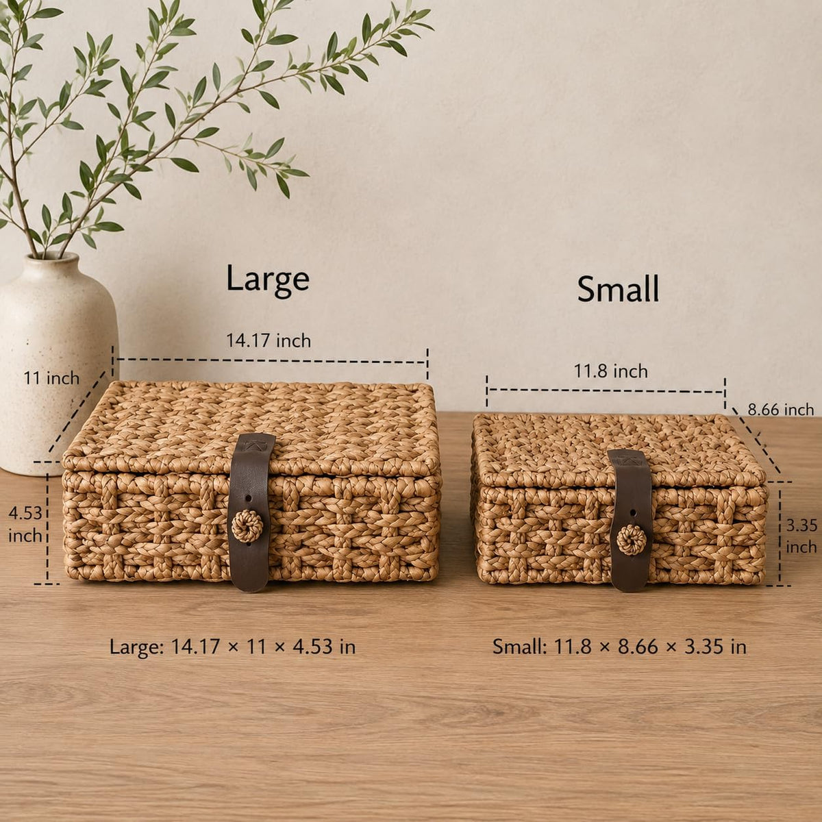2Pcs Decorative Box, Wicker Basket with Lid, Water Hyacinth Basket for Home
