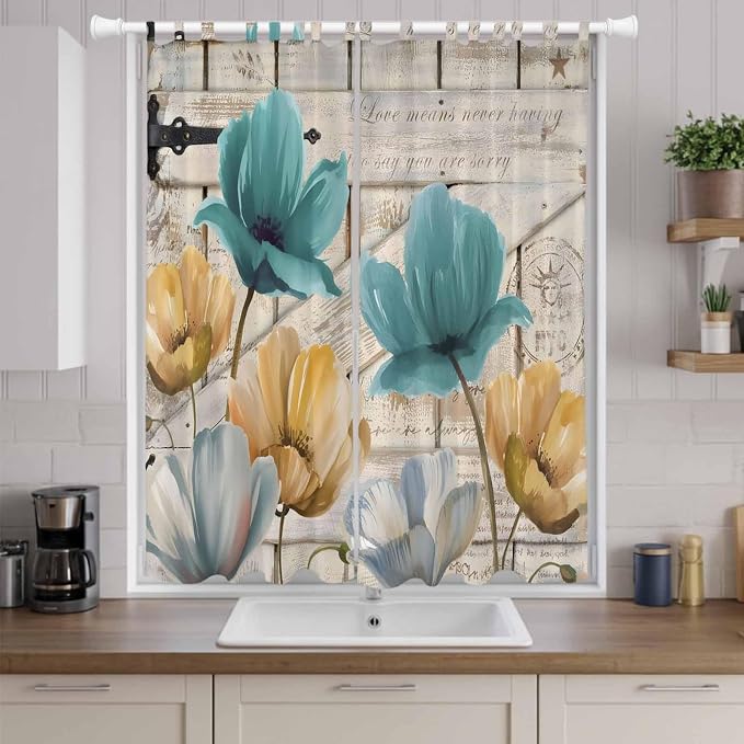 Watercolor Flowers Living Room Curtains 96 Inch Length, Window Curtains Tab Top