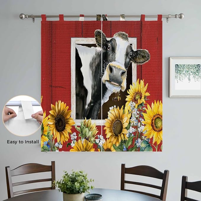 Cows Sunflowers Bedroom Curtains 72 Inch Length, Window Curtains Tab Top
