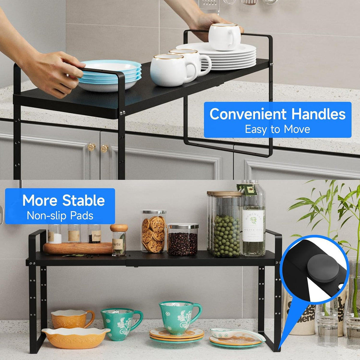 Expandable Cabinet Shelf Organizer, Stackable Kitchen Pantry Counter Storage, Adjustable Closet Cupboard Stand Rack Risers Spice Organization 80LBS Heavy Duty Black Large 1 Pack