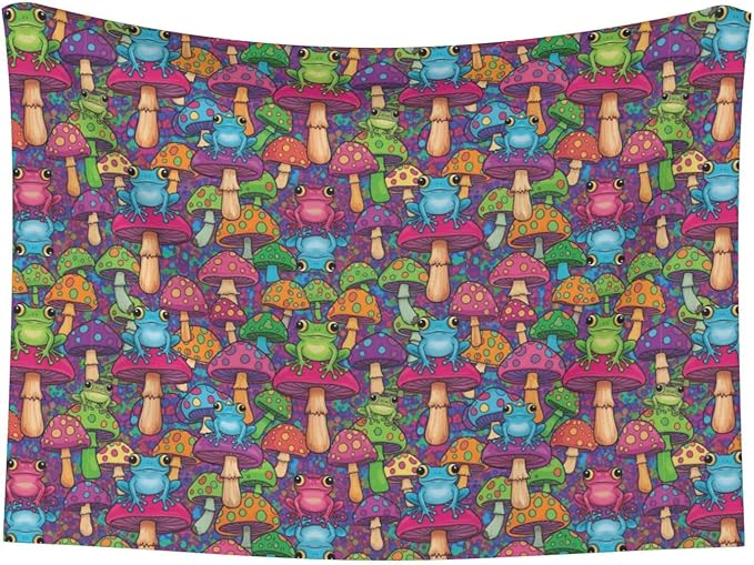 Dog and Cat Blanket in One, Watercolor Frogs Trippy Mushroom Cartoon, Double Sided Plush Throw with Raised Dot Pattern on One Side and Flat Velvet on Other for Variety
