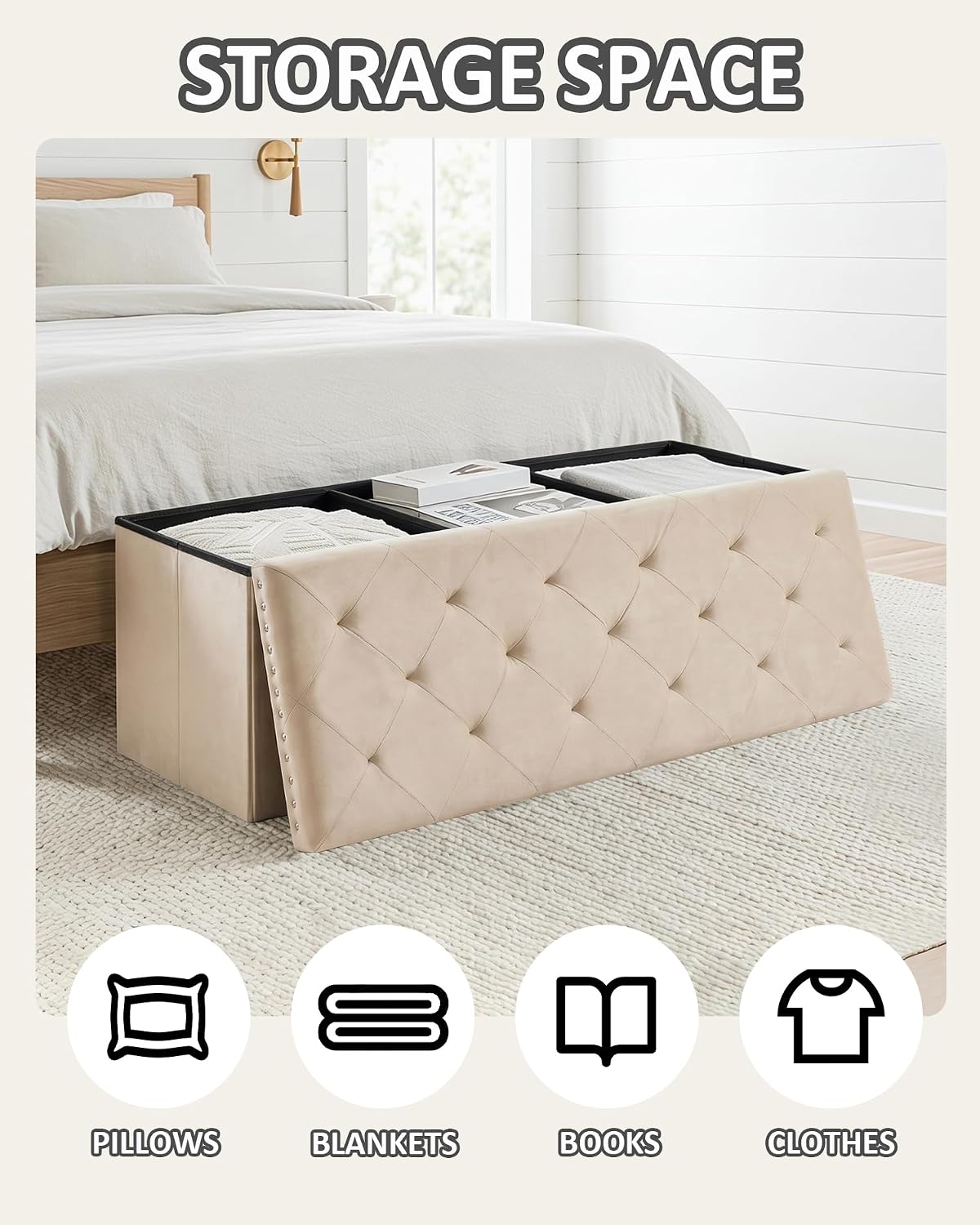 PINPLUS Folding Storage Ottoman Bench, Beige Velvet Tufted