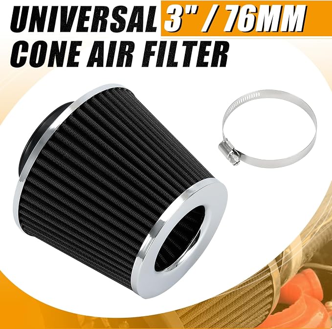 PTNHZ Universal Black 3" 76mm High Flow Cold Air Intake Cone Air Filter Power