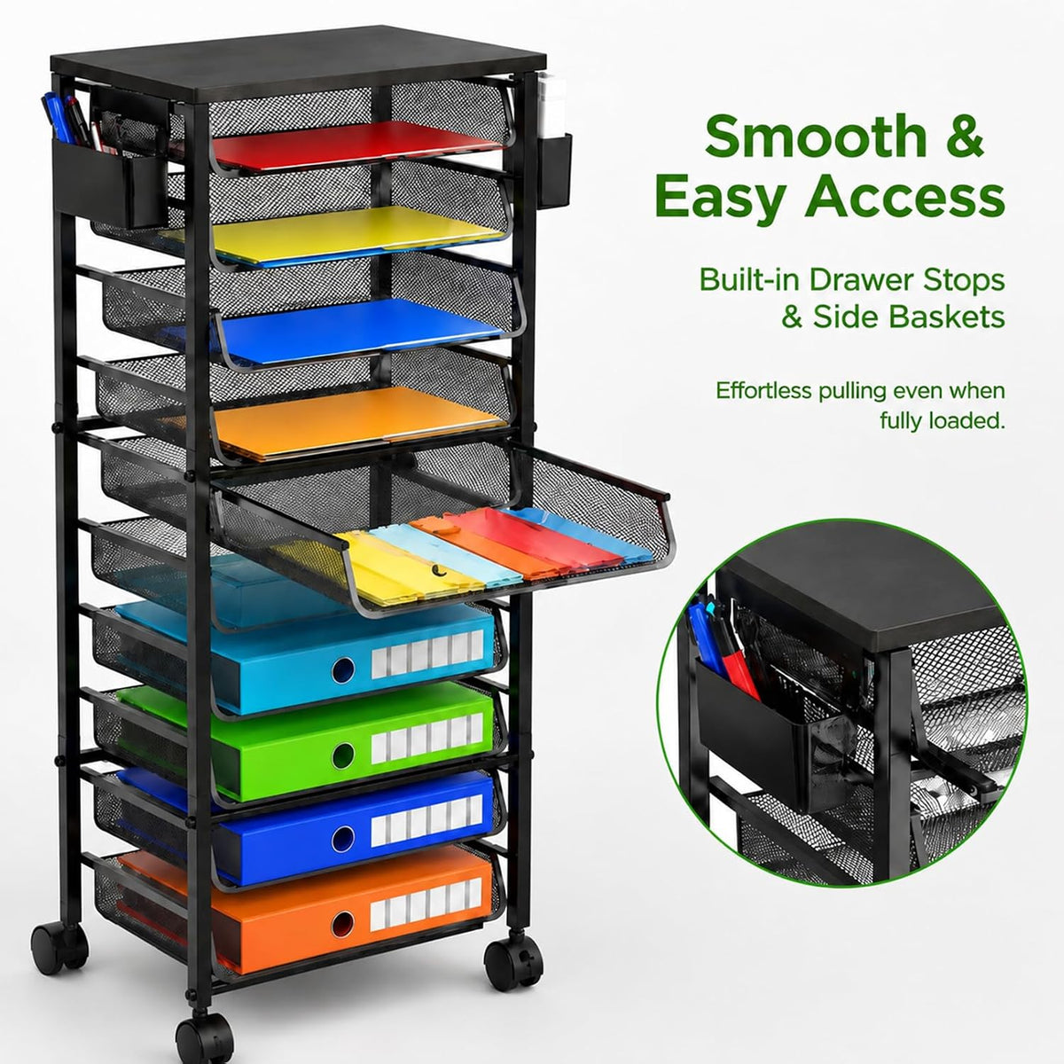 Ekisemio 11-Tier Rolling File Cart, Mobile Desk-Side Organizer with Top Shelf and Side Baskets, Wire Storage Rack for Letter Folders, Home Office & School, Black