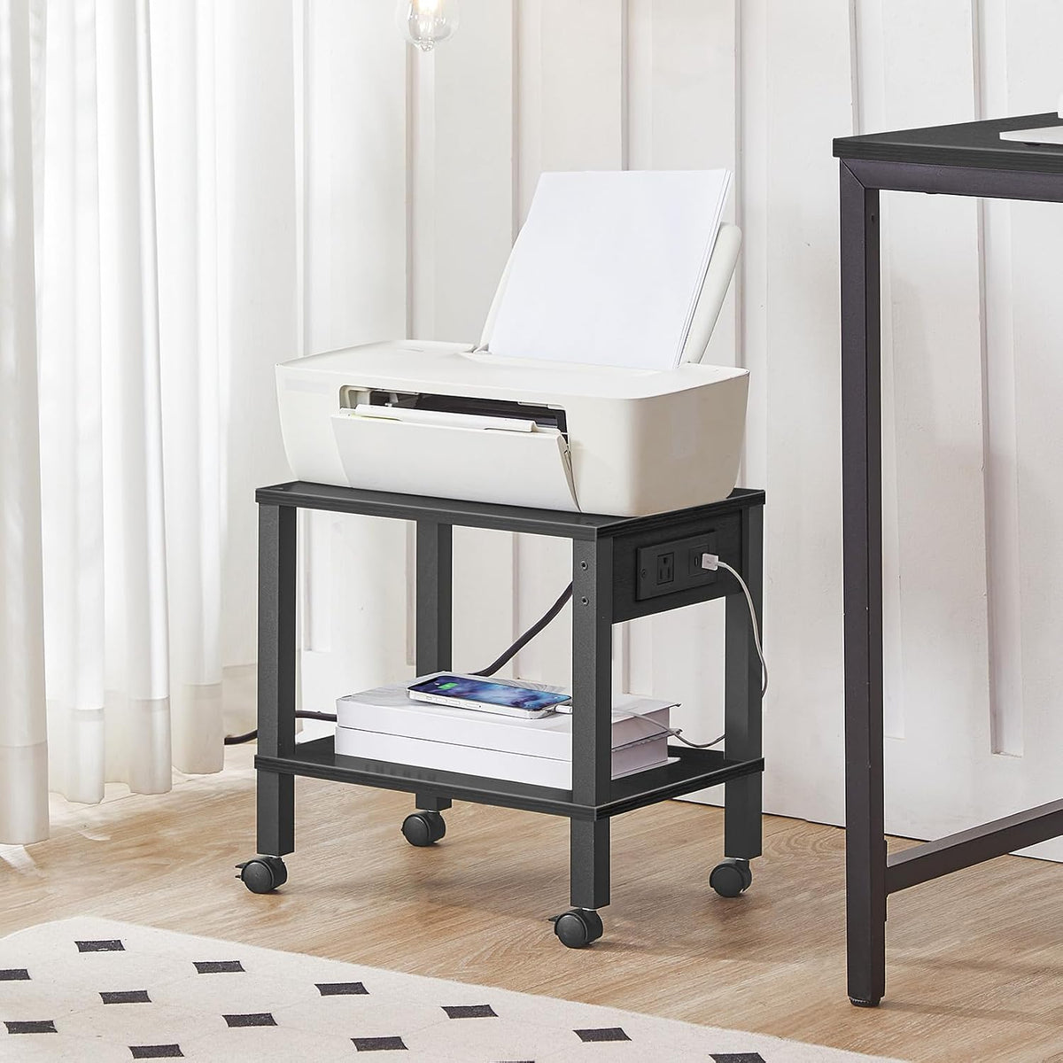HOOBRO 2-Tier Printer Stand with Charging Station, Under Desk Printer Table, Printer Cart with Storage Shelves, Shelf for Small Spaces, for Home Office, Black BK38UPS01
