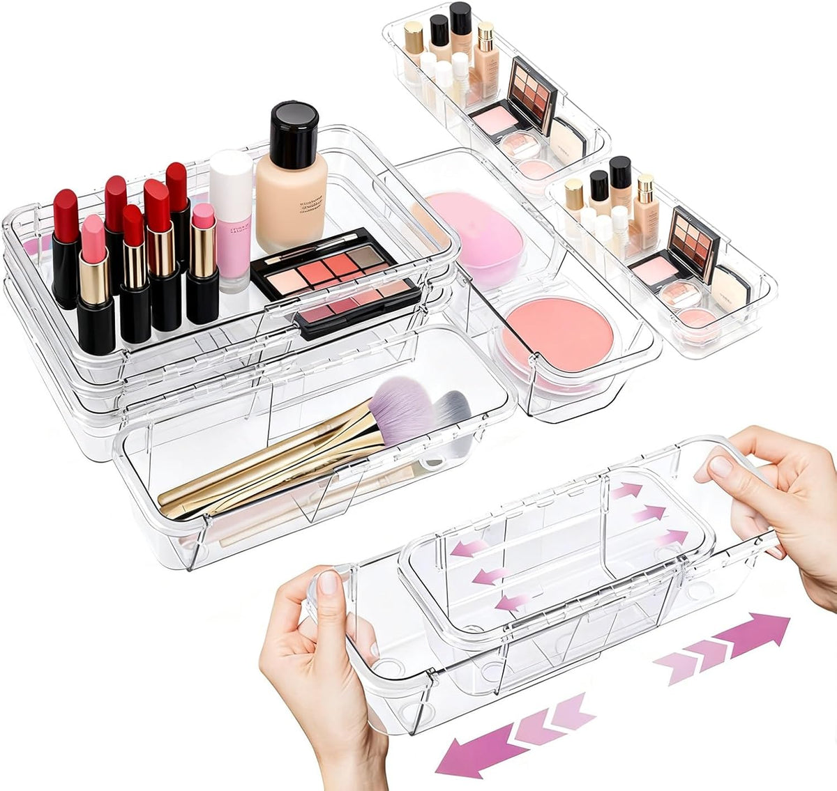 16 Pcs Extendable Clear Drawer Organizer, All Adjustable Vanity Storage Box, 2-Size Desk Drawer Organizer, Durable Storage Bins for Makeup, Cosmetic, Bedroom Dressers Tool Organizer for Gadgets