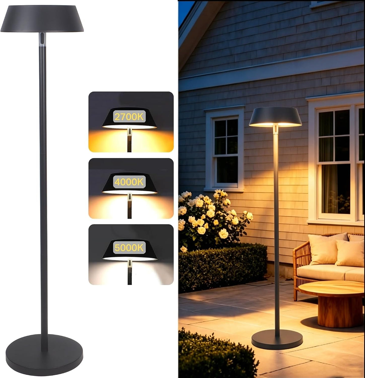 Solar Floor Lamp Outdoor, Waterproof Rechargeable Cordless Light for Patio