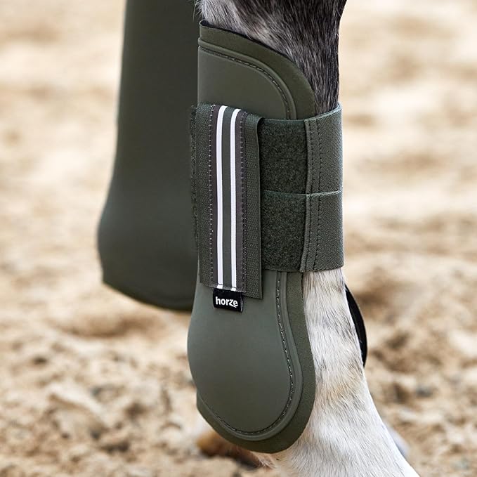HORZE Adepto Open Front Tendon Boots | Durable Shell with Neoprene Lining - Beetle Khaki Green - Pony