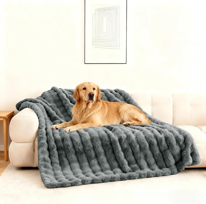 Waterproof Dog Blanket for Sofa Bed Couch, Couch Cover Blanket Fluffy Faux Rabbit Fur Reversible Furniture Protection, Pet Blanket for Medium Large Dogs Cats
