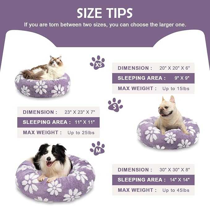 Donut Dog Beds for Small Dogs, Calming Round Cat Beds for Indoor Cats, Cute 3D Textured Flower Pet Bed with Removable Washable Cover and Anti-Slip Bottom（Purple，23"）