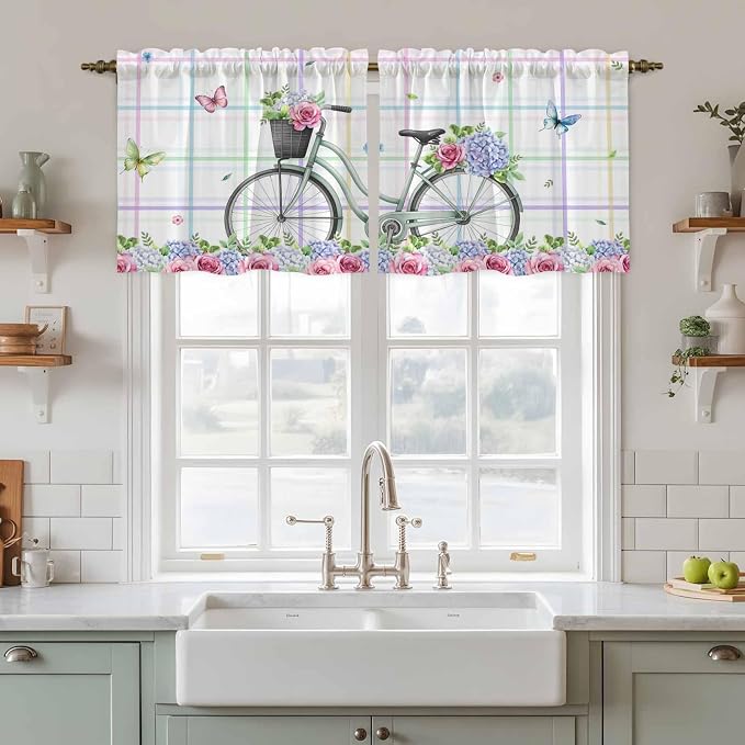 Spring Tier Curtains, Bicycles Botanical Leaves Rose Colorful Stripes Light