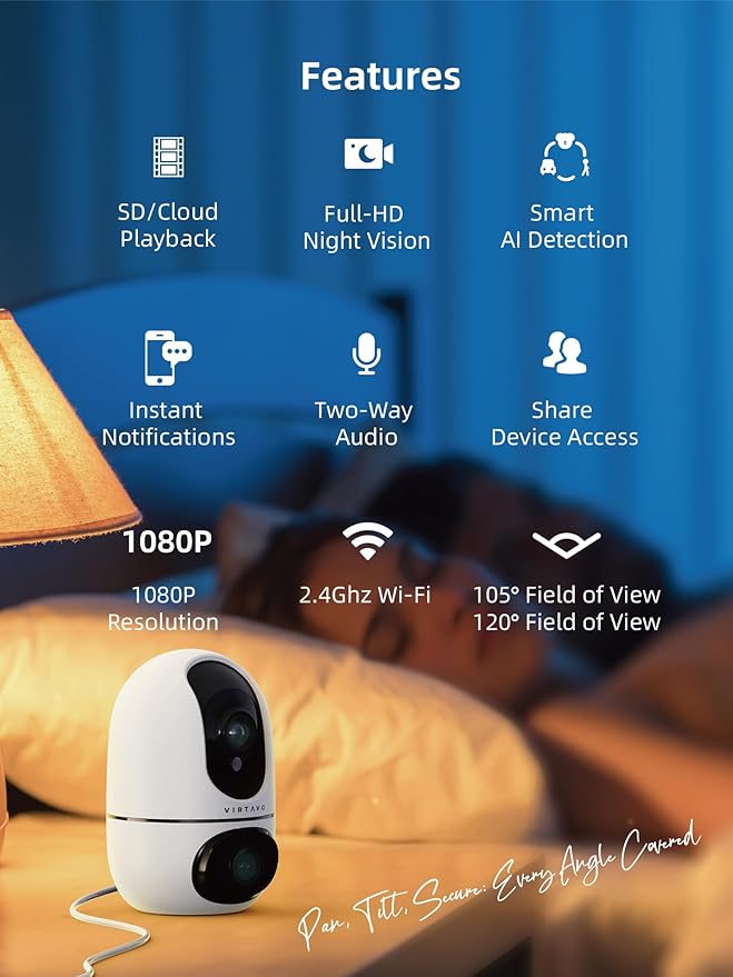 VIRTAVO Indoor Pet & Baby Camera, No Subscription Required, Dual-Lens 360° PTZ, Motion Tracking, 2-Way Audio, Night Vision, Cloud/SD Storage, Phone App, WiFi, 4-Pack, Power Adapter Included