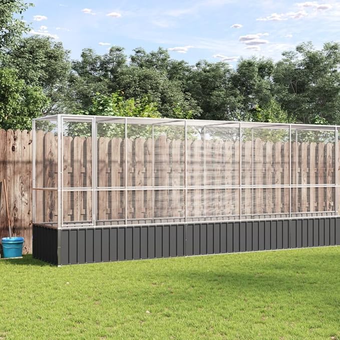 Large Metal Heavy Duty Walk-in Aviary Cage with Extension, Ample Activity Space Bird Cage with Lockable Door Also for Chickens and Rabbits, Silver 492.3"x42.1"x83.5" Steel,-411