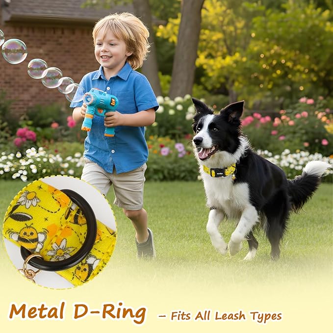 Yellow Dog Collar for Large Dogs, Spring & Summer Theme Large Dog Collars Featuring Bee Pollinating White Flowers Pattern, Adjustable Cotton Collar for Girl Boy Dogs -L