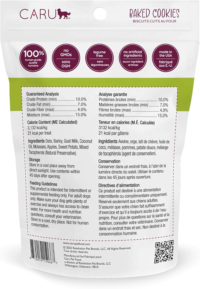 Caru - Goat’s Milk, Apple & Sweet Potato Baked Cookies - Natural Treats for Dogs - Human Grade Ingredients - Flavorful - Wheat, Corn, Soy & Legume Free - Non-GMO - Made in USA - 4 oz - 1 Pack