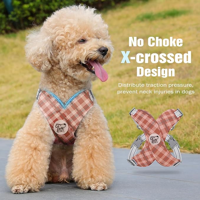 Pawaboo Small Dog Harness and Leash Set, Puppy Harness X-Frame No Pull No Choke, Dog Vest Harness Adjustable for Small Medium Sized Dogs,Soft Breathable Pet Harness for Walking Outing, M, Khaki Plaid