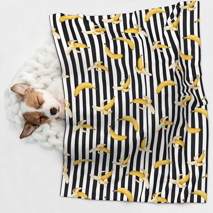 Two Sided Plush Pet Blanket for Crates Carriers Home Use, Banana and Strap, Reversible Throw with Cozy Dot Fabric and Silky Reverse for Small Large Pets