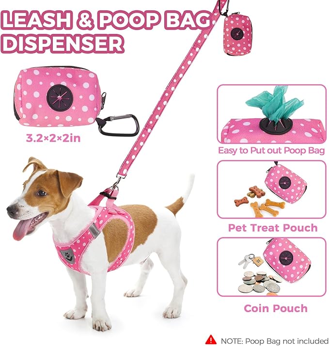 PAWCHIE Dog Harness and Leash Set, Step in No Pull Soft Pet Harness, Reflective Adjustable Puppy Vest for Small Medium Dogs Cats, No Choke Harness Vest with Poop Bag Holder for Walking,Running, Pink M