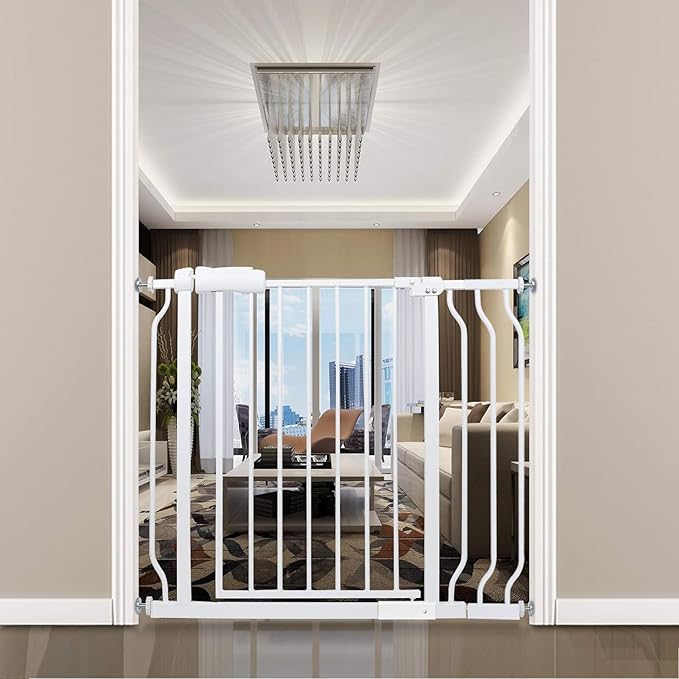 33-38 Inch Wide Baby Gates for Stairs & Doorways - Pressure Mounted Metal Gates for Toddlers & Pets (White, 86-98CM)