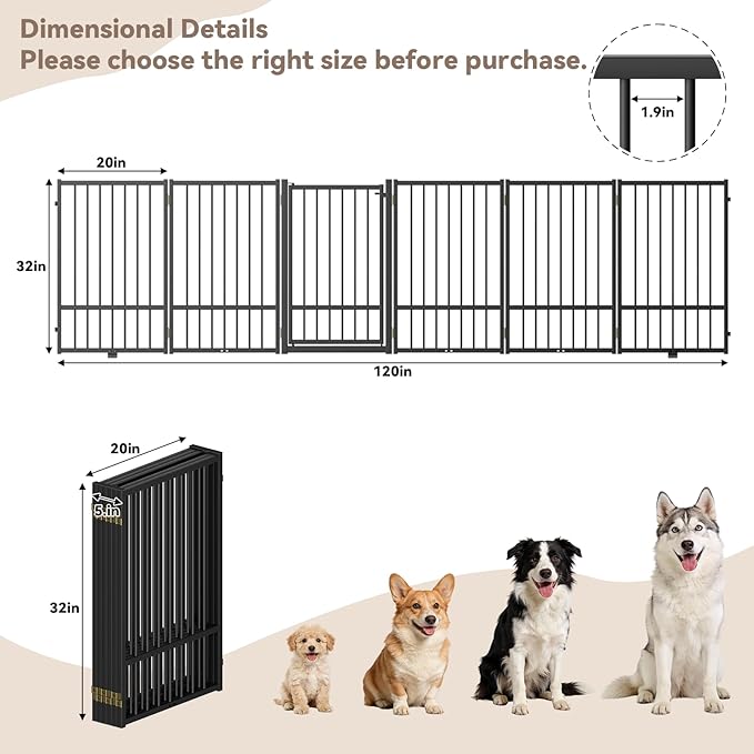 Full Metal Freestanding Dog Gate with Door, 32''Height Foldable Pet Dog Fence for Indoor & Outdoor, 6 Panels Extra Wide Free Standing TallDog Gates for Doorways,House,Stairs,Porch,Deck,Yard
