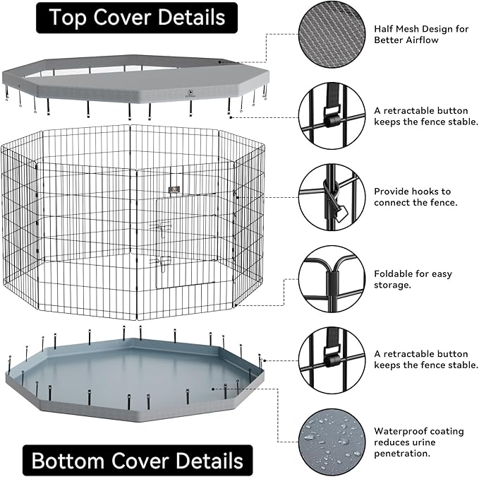 PJYuCien Dog Playpen with Top Cover and Bottom Pad - Metal Foldable Exercise Pen, 8 Panels 42" H x 24" W Indoor Outdoor Pet Fence Puppy Crate Kennel, Gray