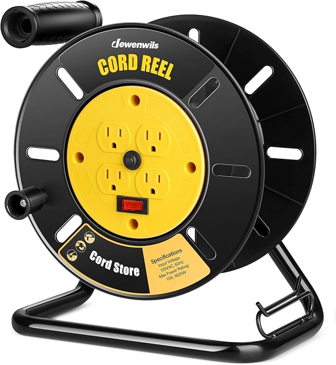DEWENWILS Extension Cord Storage Reel with 4-Grounded Outlets, Heavy Duty Open Cord Reel for 12/3,14/3,16/3 Gauge Power Cord, Hand Wind Retractable, 13A Circuit Breaker, Yellow, ETL Listed