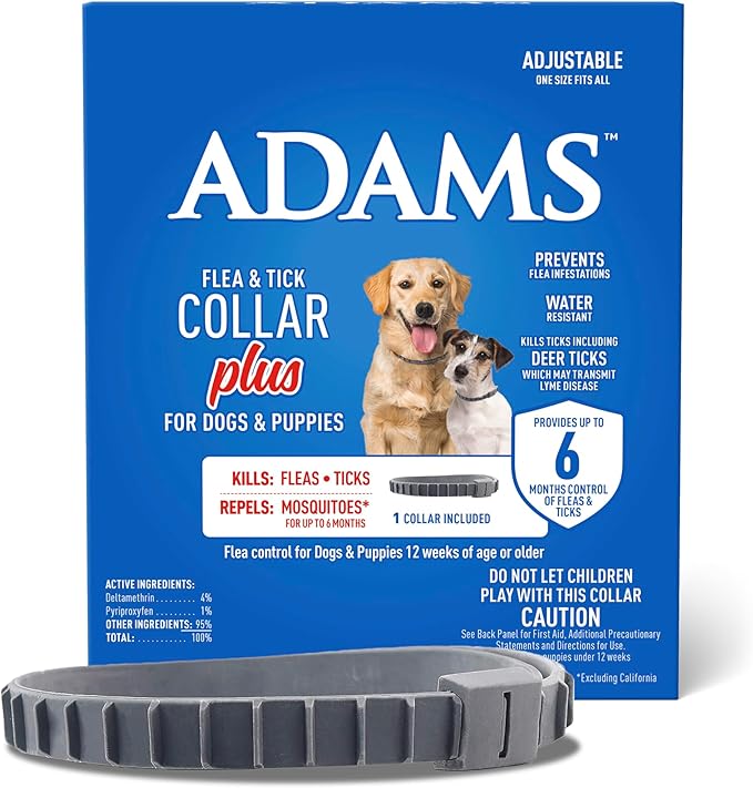 ADAMS Flea & Tick Collar Plus for Dogs & Puppies, 12 Months Protection Against Flea Infestations, Kills Fleas & Ticks, Repels Mosquitoes for Up to 6 Months (Excl. California), One Size Fits All, 1 ct