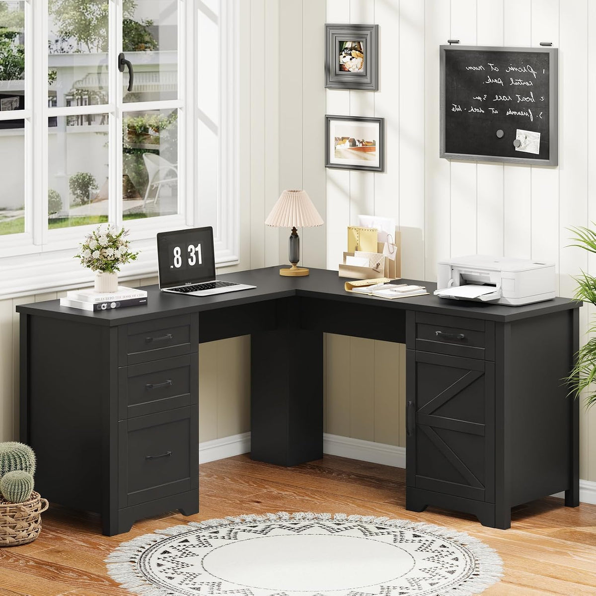 Vabches 59” Farmhouse L Shaped Executive Desk with File Drawer, Black