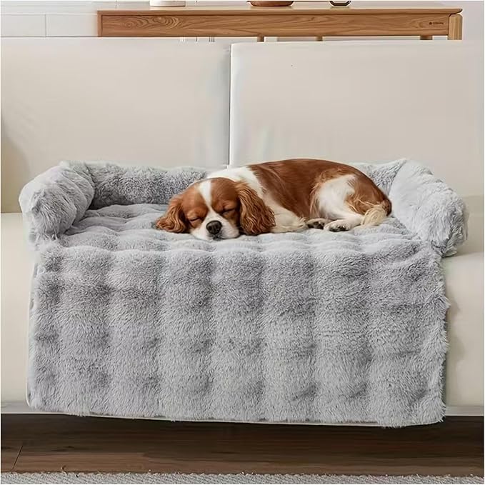 Dream Cloud Pet Sofa Bed, Washable Non-Slip Fluffy Plush Dog Mat for Furniture Protector Mat for Sofa Car & Floor for Small Medium Dogs & Cats (Light Gray)