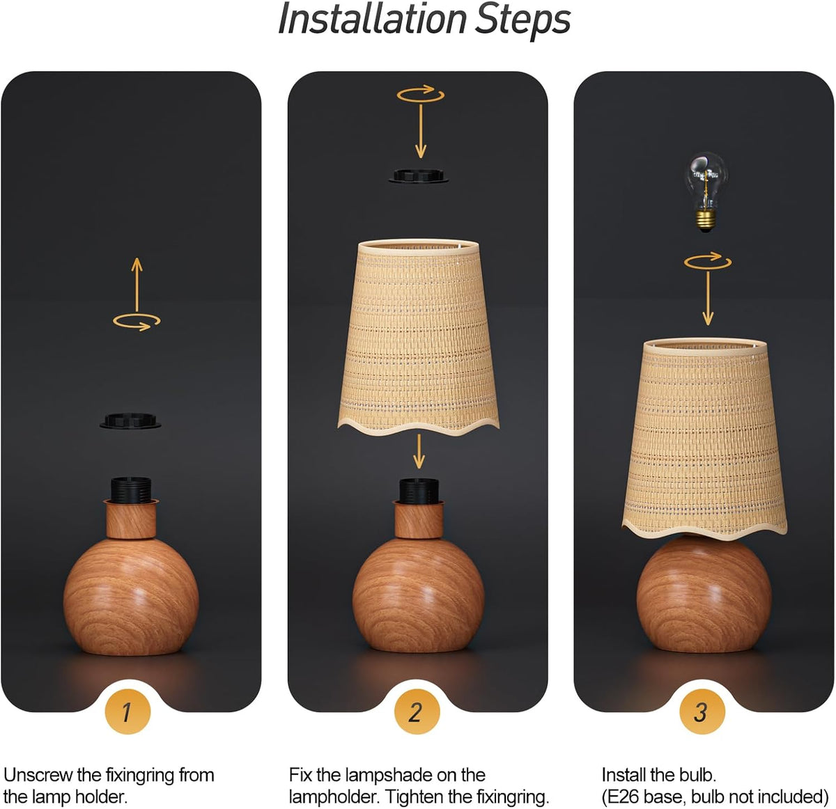 Minimalist Rattan Table Lamp, 11' Height, Woven Lampshade & E26 Socket Metal Base (Brown)