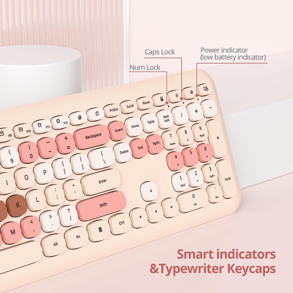 Wireless Typewriter Keyboard and Mouse Combo Retro 104 Key Full Size Office Set Milk Tea Keyboard with Silent Round Keycaps, Ideal for Laptop and Desktop PCs, Cute Design Keyboard (Milk Tea)
